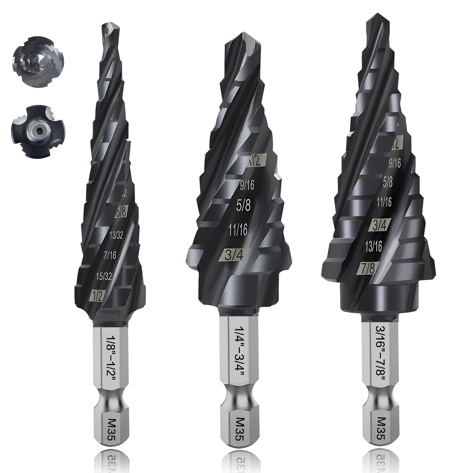 3-pc Step Drill Bit Set for Metal Wood 1/8"-7/8", 4-Spiral Flutes, M35 HSS Cobalt Unibits, 1/4" Hex Shank, Al-Ti-N Coated Drill Bits for 19 SAE Size Holes in Steel Aluminum Wood Plastic