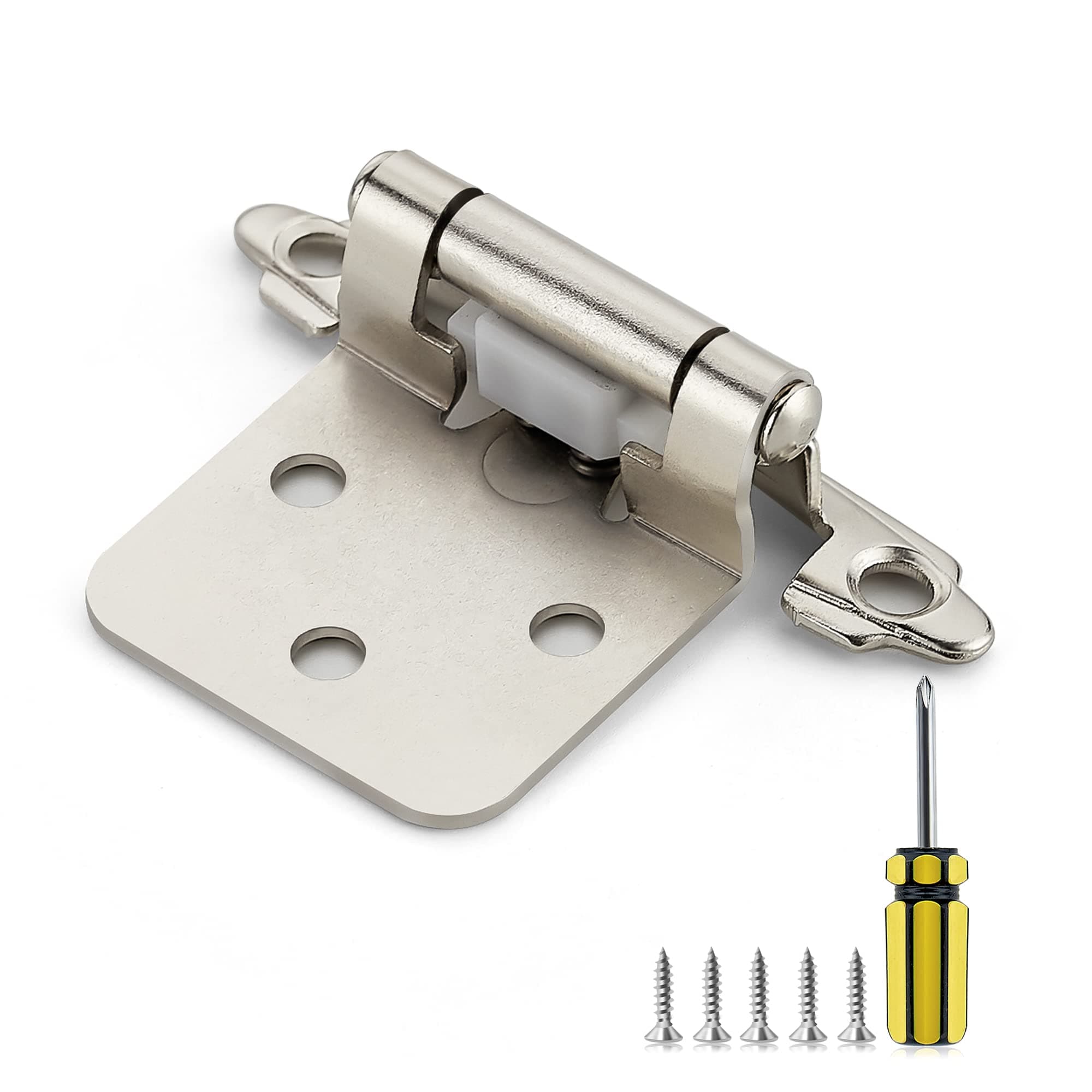 Ravinte 30 Pack 15 Pairs 1/2 inch Overlay Cabinet Door Hinges Kitchen Cabinet Hinges Satin Nickel Semi-Concealed Hinges Face Mount Cabinet Hardware Self-Closing Cabinet Hinges W/Bumpers&Screwdriver