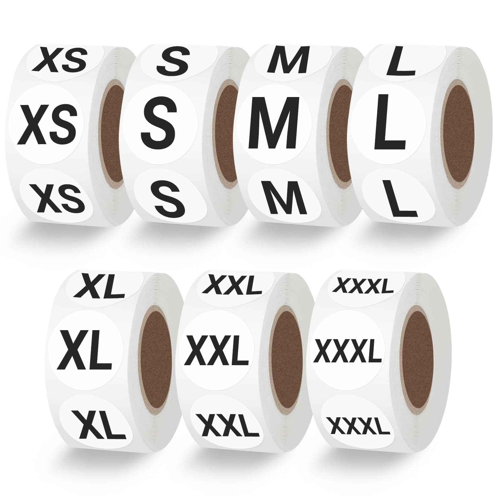 Svaldo Size Stickers for Clothing, 1" Round Self-Adhesive Sizing Labels, 7 Rolls (XS, S, M, L, XL, XXL, XXXL), 2.5cm Diameter, White Paper, 7 Labels per Roll