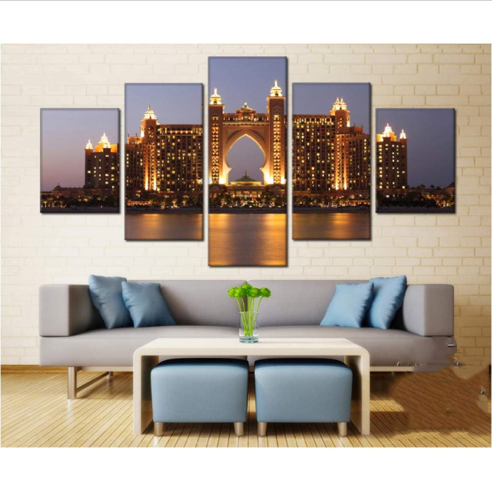 Lllyzz Canvas Paintings Art Poster Print Painting Canvas for Living Room 5 Pieces/Set Dubai Hotel Building Modular Hd Wall Framework Picture Home Decor Prints On Canvas 150X80CM