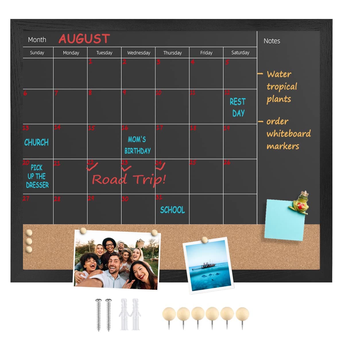 Umtiti Chalkboard Calendar & Cork Bulletin Board，18" x 22" Black Wood Frame，Magnetic Surface Chalkboard.Perfect for Office, Home School Message Board,Chalkboard+Cork-4555B-BK