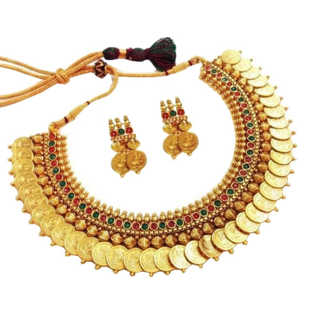 Jewellery Set for Women Traditional Red and Green Temple Coin Ginni Choker Necklace Set/Jewellery Set with Earrings for Women