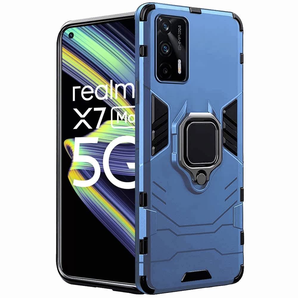 TheGiftKart Tough Armor Bumper Back Case Cover Compatible with Realme X7 Max/Realme GT 5G | Ring Holder & Kickstand in-Built | 360 Degree Protection Back Case Cover (PC, Polymer | Blue)