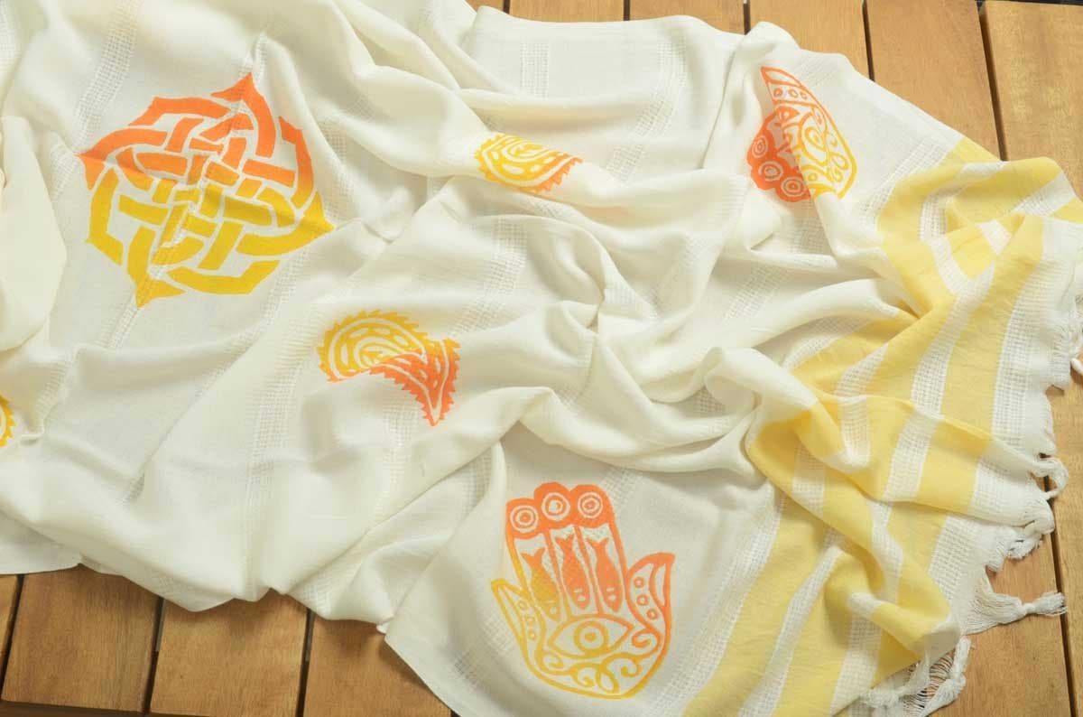 Handwoven Turkish Towel Bath and Beach Peshtemal Towel - Spa Sauna Yacht Beach Hamam Yoga Meditation Shawl - One of a Kind Wood Block Printing - Yellow Stripes - Fatima Hand
