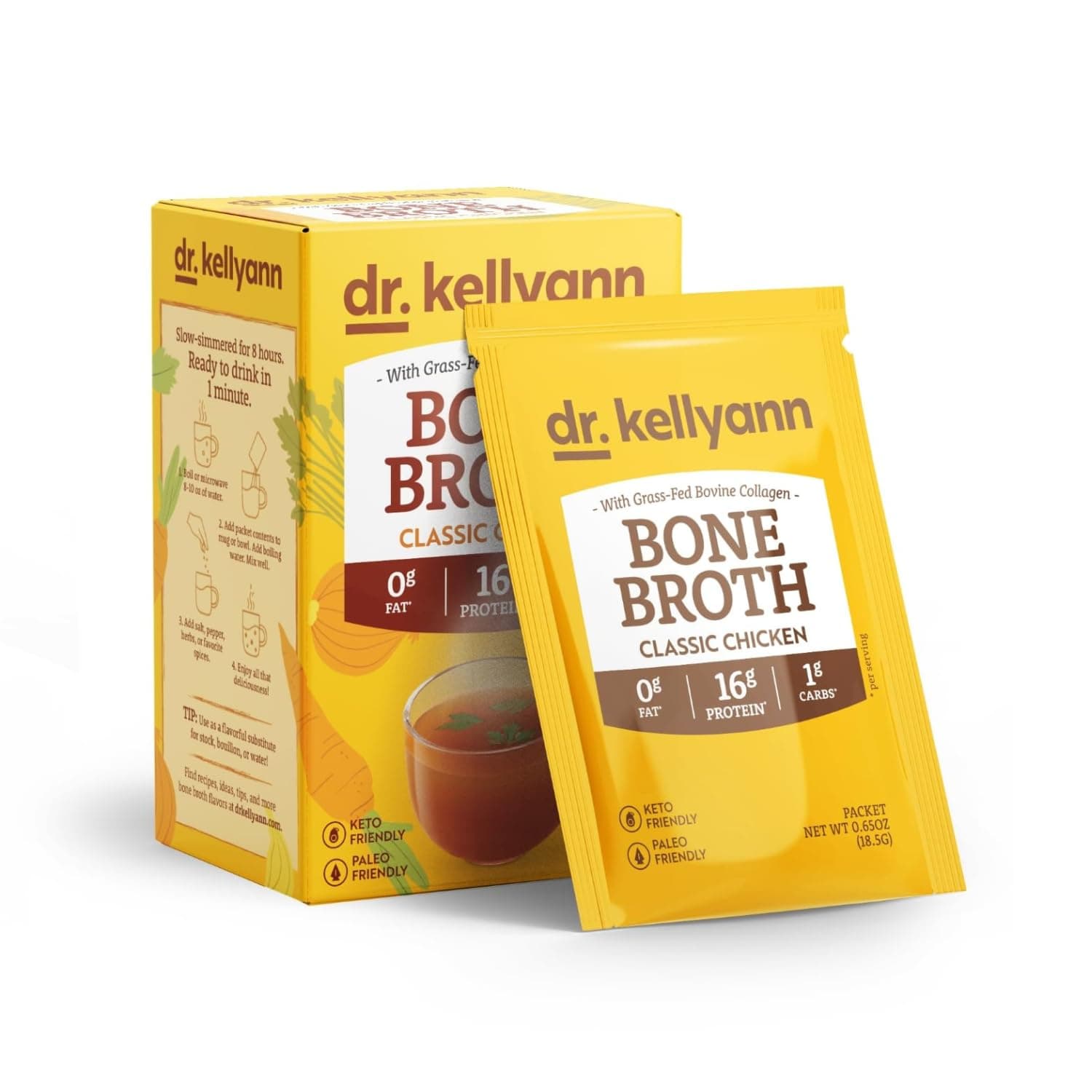 Dr. Kellyann Bone Broth Collagen Powder Packets (7 Servings) – 16g Protein, Grass-Fed Hydrolyzed Collagen, Keto & Paleo-Friendly