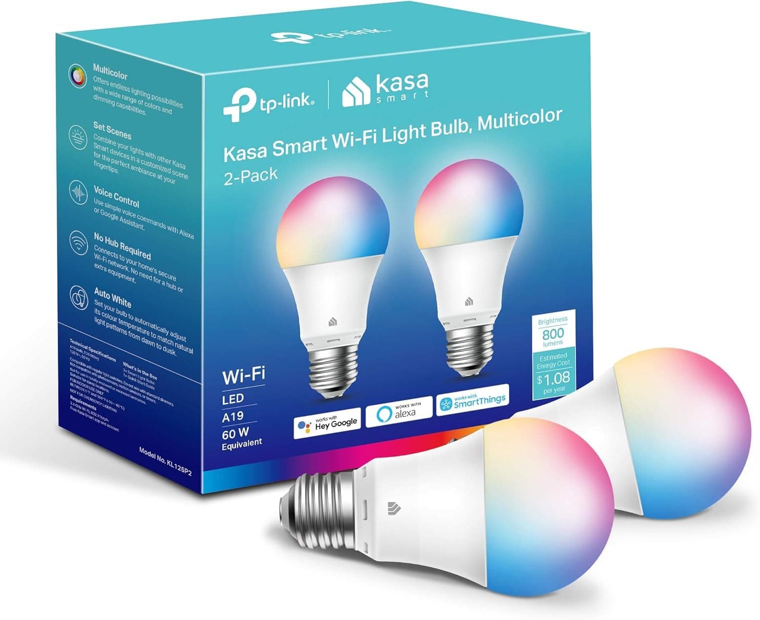 by TP-Link Light Bulbs, Full Color Changing Dimmable Smart WiFi Bulbs Compatible with Alexa and Google Home, A19, 9W 800 Lumens,2.4Ghz only, No Hub Required, 2-Pack (KL125P2), Multicolor