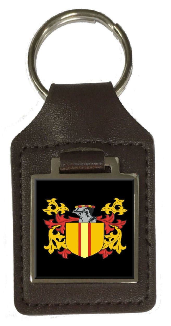 Baldwin Family Crest Surname Coat of Arms Brown Leather Keyring Engraved