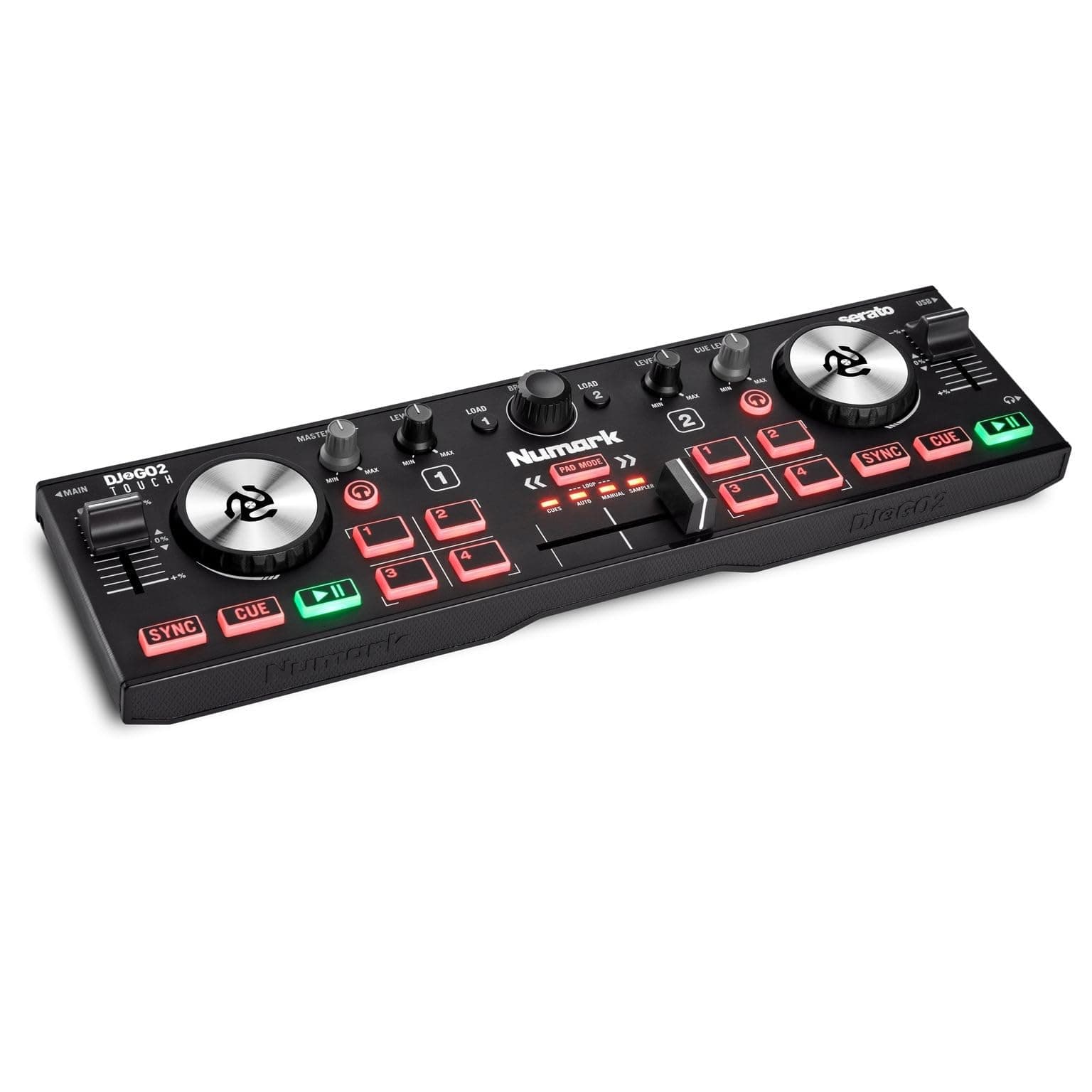 Numark DJ2GO2 Touch | Compact 2 Deck USB DJ Controller For Serato DJ with a Mixer/Crossfader, Audio Interface and Touch Capacitive Jog Wheels