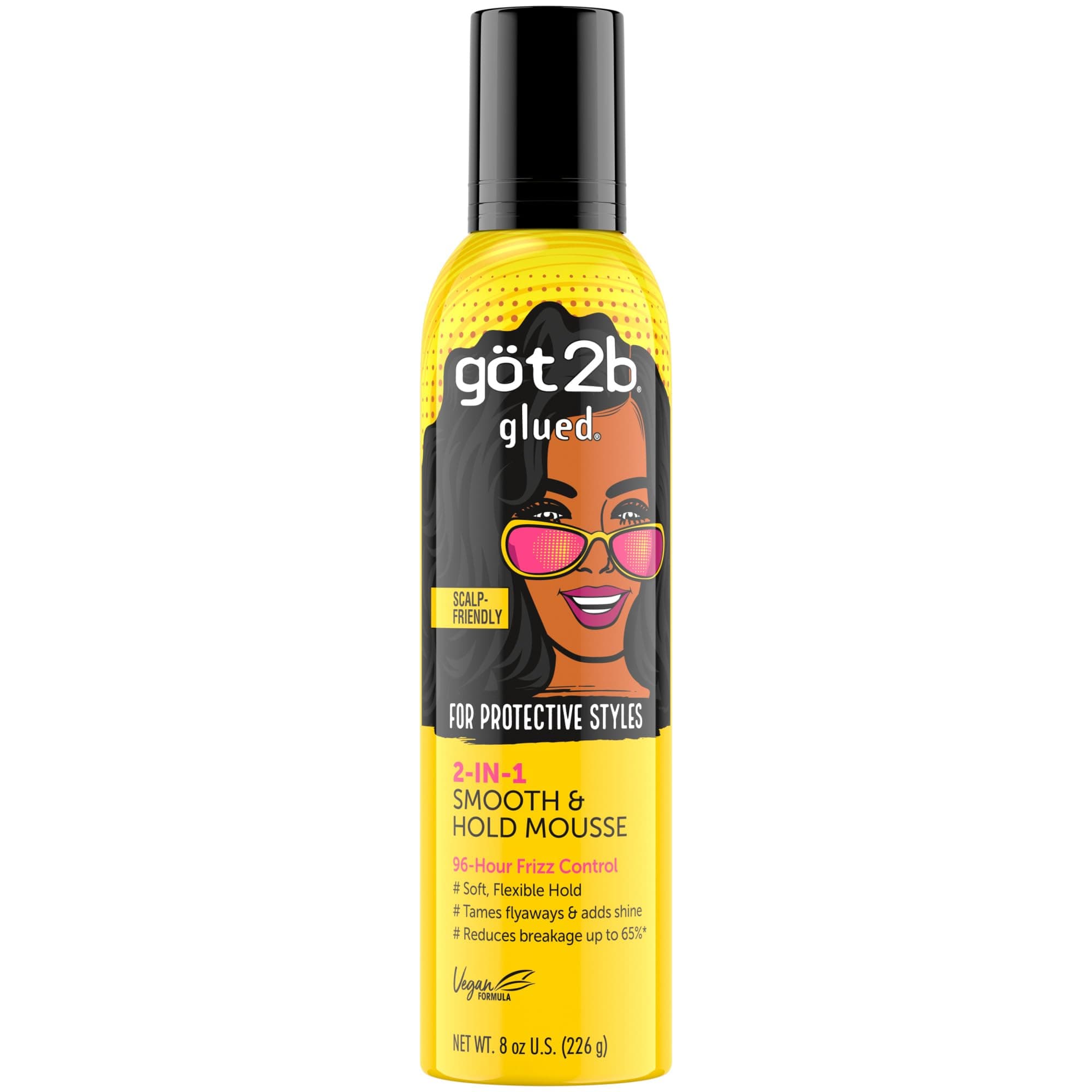 Glued 2-in-1 Smooth & Hold Hair Mousse, 8 Fl Oz, 96 Hour Frizz Control & Soft Flexible Hold for Wigs, Braids and Curls, No Stickiness and Residue, Formulated with Castor Oil & Provitamin B5