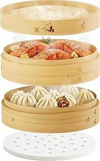 Bamboo Steamer Basket 12-Inch | 2-Tier Steamer for Cooking | 50 Liners, Chopsticks, Sauce Dish | Steaming Asian Food, Bao Buns, Chinese, Dim Sum, Dumpling, Rice, Vegetable Steam Pot
