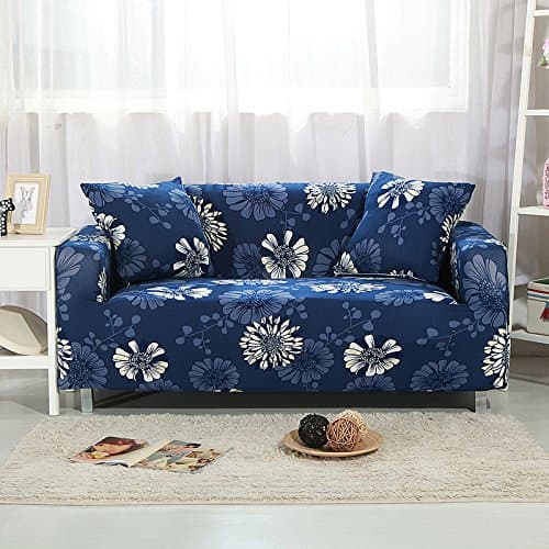 Stretch Printed Sofa Cover - Anti-Slip Anti Wrinkle Sofa Slipcover Lightweight Sofa Furniture Protector Cover 1/2/3/4 Seater Couch Covers Fit Many Popular Sofas ( Blue, elegant flowers ) By Miller00
