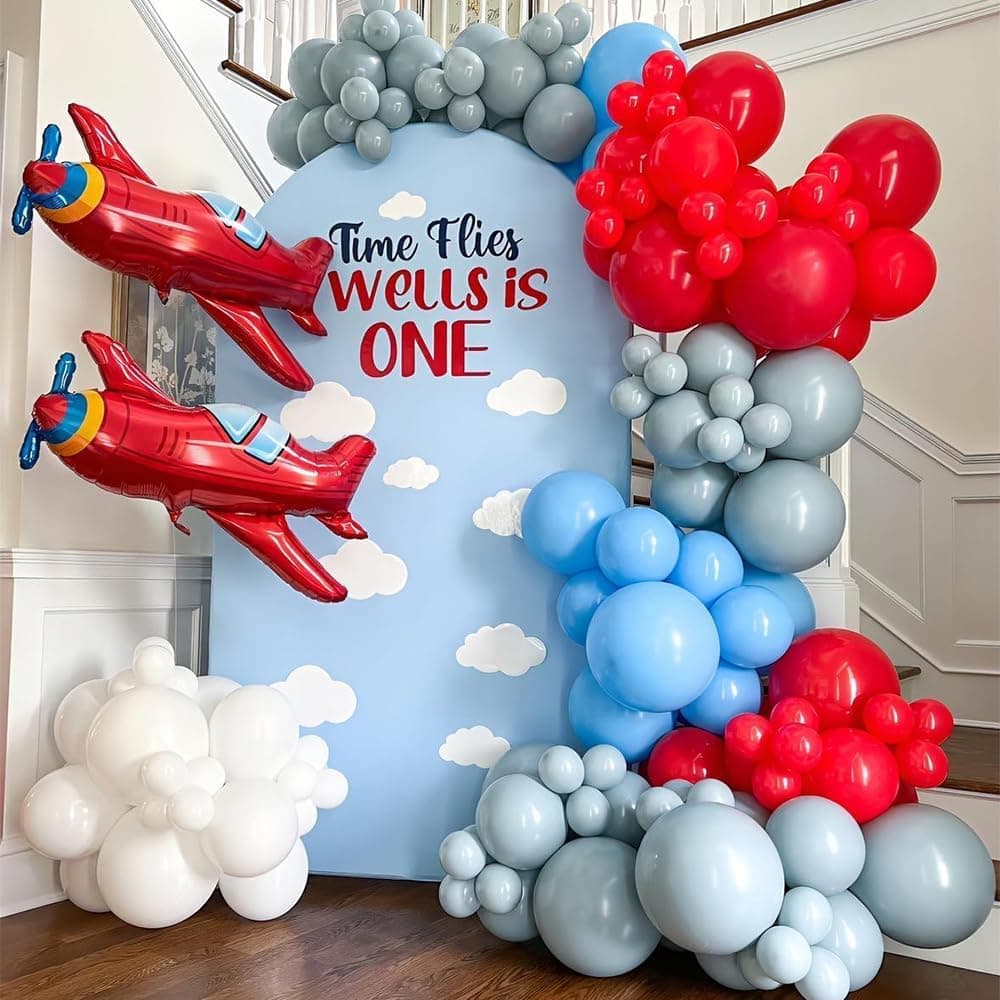 Airplane Birthday Party Decorations 141pcs Airplane Balloon Garland Arch Kit Dusty Blue and Red with Airplane Mylar Balloon for Time Flies Theme Birthday Baby Shower Party Supplies
