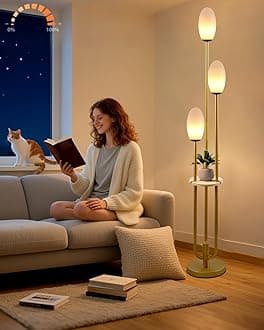 Lightdot Gold Floor Lamp Dimmable with Table, Tall Standing Lamps with 3-Oval Lampshades& LED Bulbs Included, 3000K Warmwhite Mid Century Modern Floor Lamp for Living Room/Sofa Beside/Corner Decor