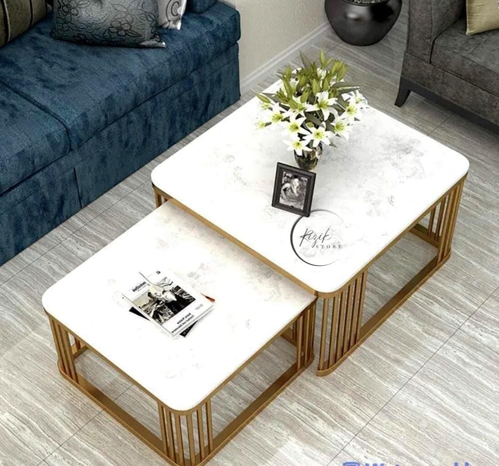 - RIZIK STORE™ Iron Base Handmade Square 20"x20" & 18" x 18" Coffee Table/Nesting Table/Side Table/Center Table with Marble MDF White Top for Living Room/Drawing Room/Balcony Gold ((White) (Set of 2))
