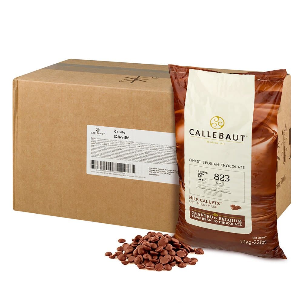 Callebaut 823 Milk Chocolate Callets - 44 LBS Belgian Baking Chocolate Callets - Min 30.2% Cocoa butter, 4.9% fat free cocoa, 6% Milk fat, 15.8% Fat free milk - Recipe 823NV-595 - 44 Lbs (20 kg)
