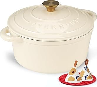 Enameled Cast Iron Dutch Oven - 5.5QT Pot with Lid Cookbook & Cotton Potholders - Heavy-Duty Cookware for Braising, Stews, Roasting, Sourdough Baking Cream White