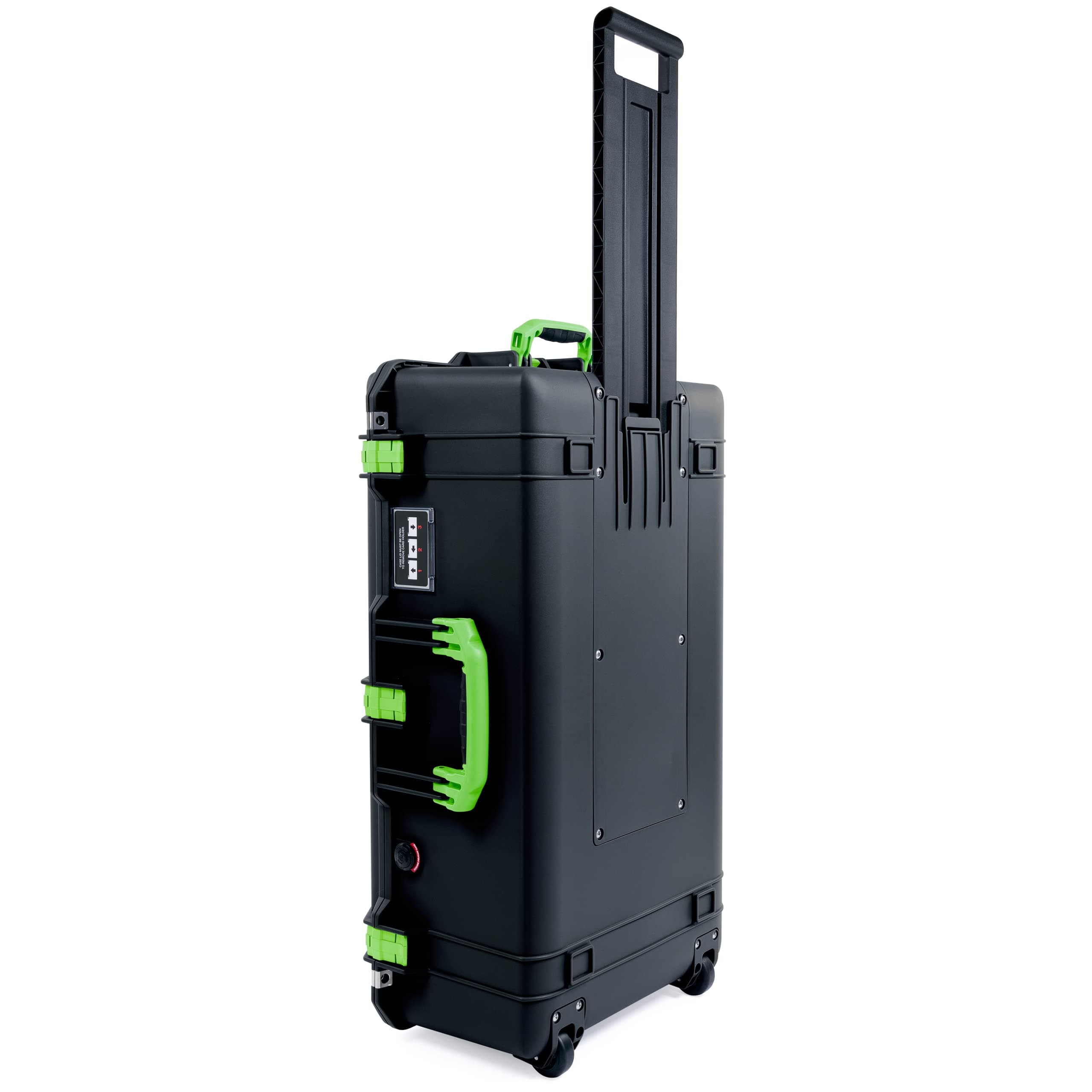 Black Pelican 1615 case with lime green handles and latches. No Foam. With Wheels.