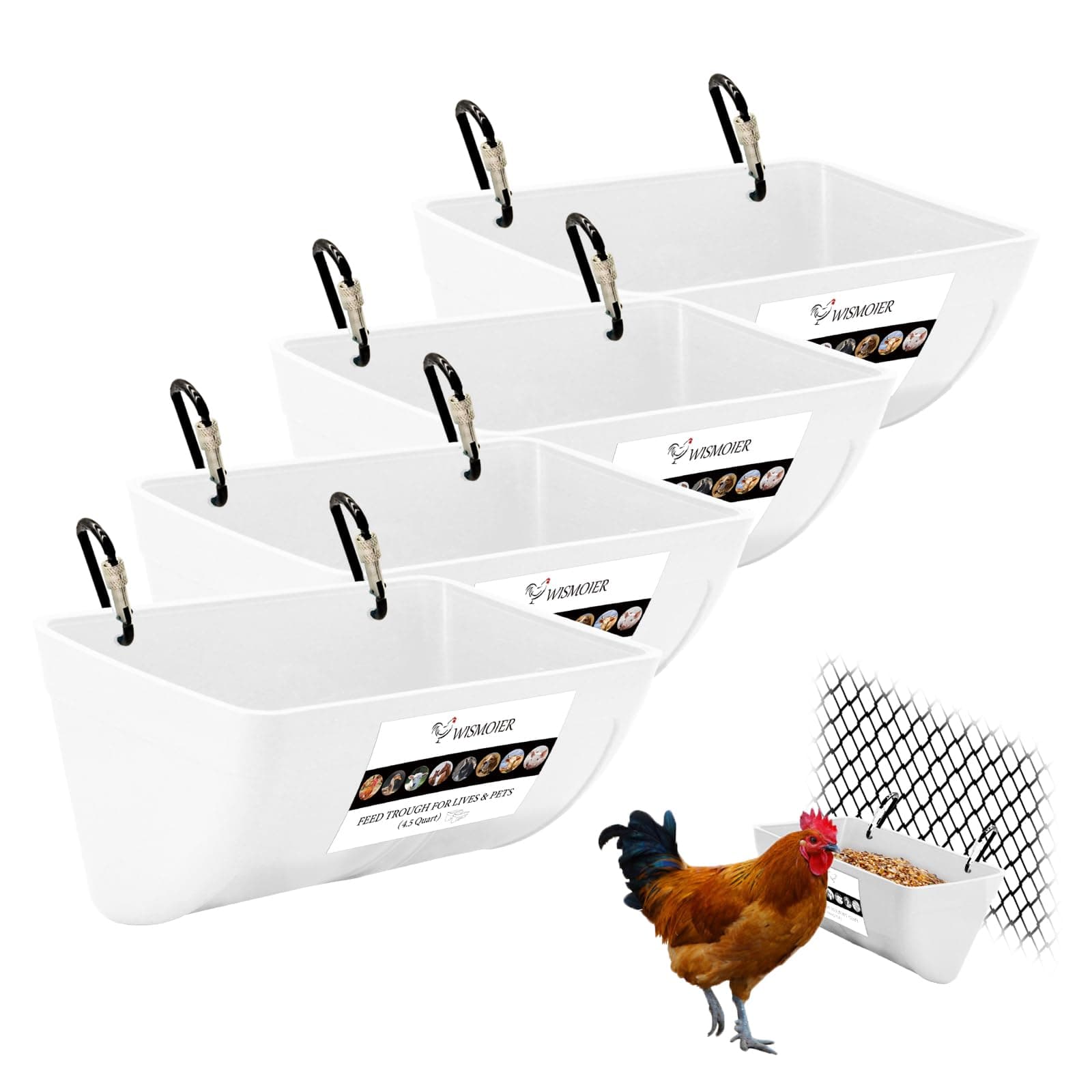 WISMOIER 4 Pack Chicken Feeder Feed Trough with Clips Hanging Fence Feeders for Goat Duck Sheeple Piglets Horse (White 4pcs Set)