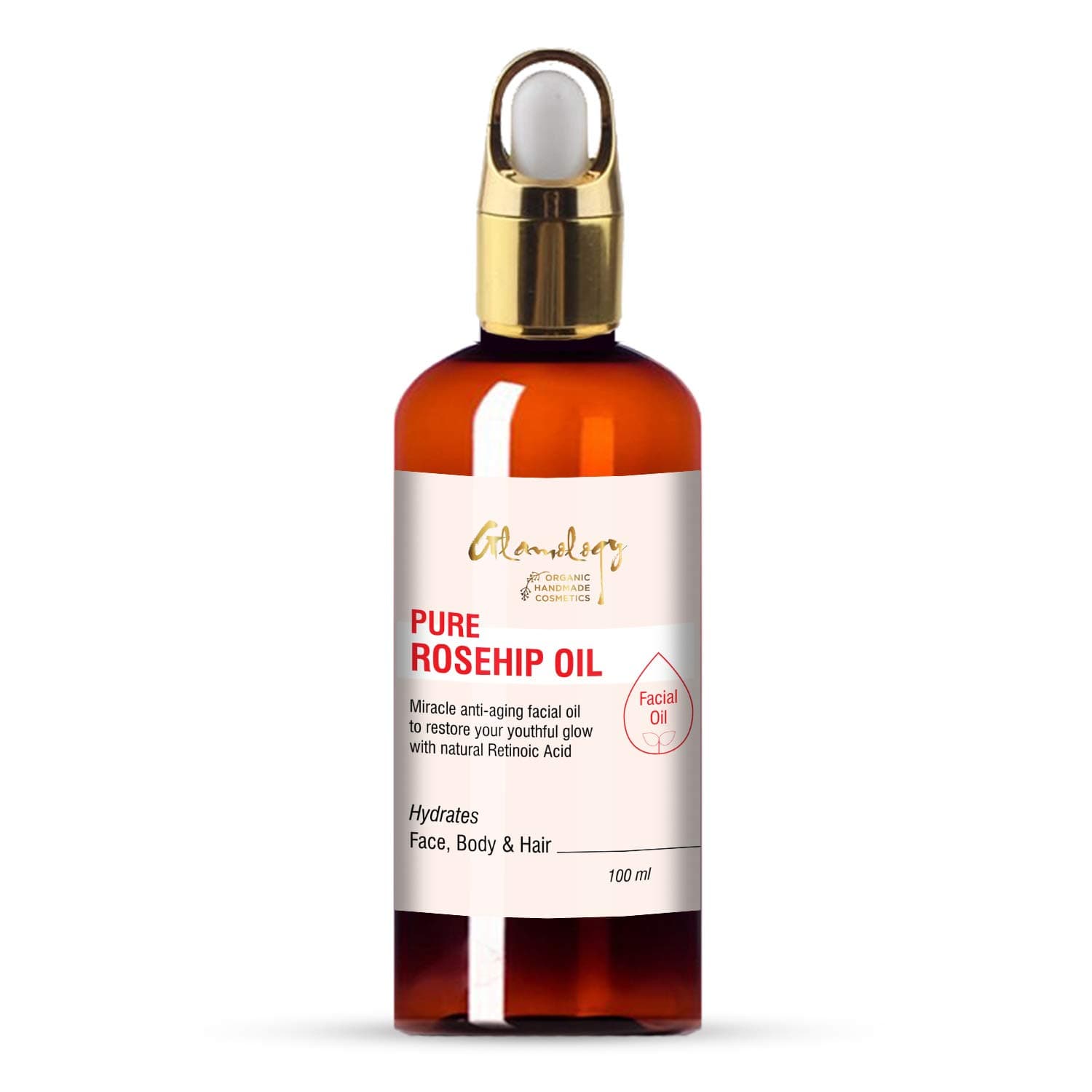 Glamology Organic Rosehip Oil 100% Pure Unrefined Organic Cold Pressed Virgin Rosehip Seed Oil - Best for Hair, Skin, Face & Nails & Great for Anti-Aging, Wrinkles, Acne Scars (100 ml)