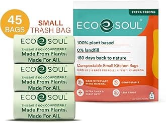 ECO SOUL [17 inch x 19 inch, 45 Pack] Small Compostable Trash Bags | Eco-Friendly Non OXO-Biodegradable Bags for Garbage Bins | Heavy Duty & Leak-Resistant | Home, Office & Kitchen Use (43 x 48 cm)
