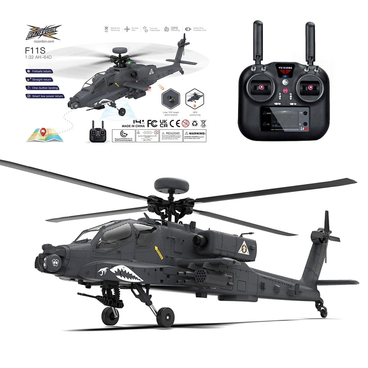 F11-S AH64 RC Helicopter for Adults, 1/32 Scale 2.4G 6CH Dual-axis Co-Drive Flybarless Stunt RC Military Helicopter with GPS Flight Control System and Camera (RTF GPS Smart Version)