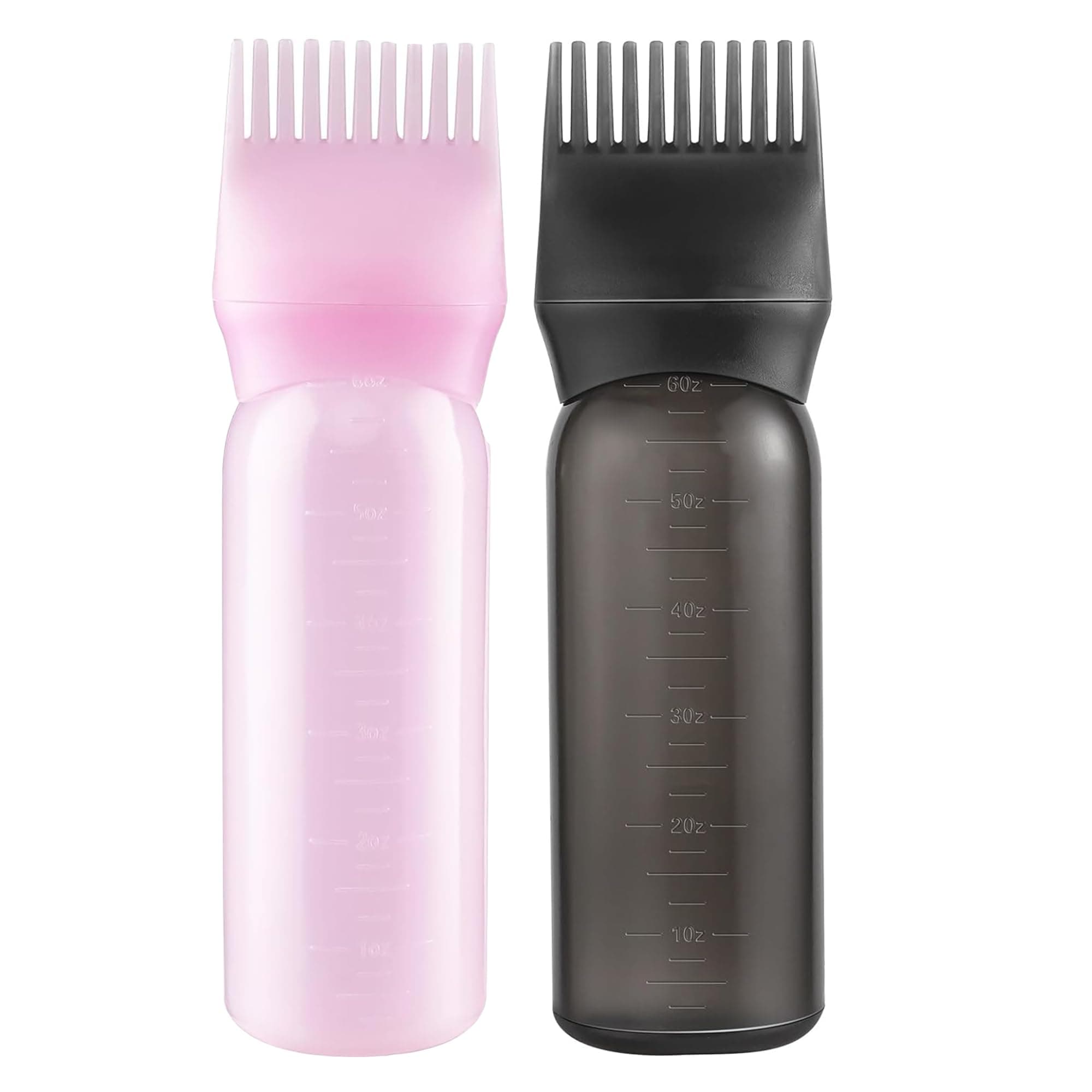 200ml Black & Pink Reusable Plastic Hair Oiling & Dye Application Bottle with Mist Spray & Continuous Spray, 3.2" x 6.1" Rectangular Bottle, 2-Pack with Scalp Massage Comb