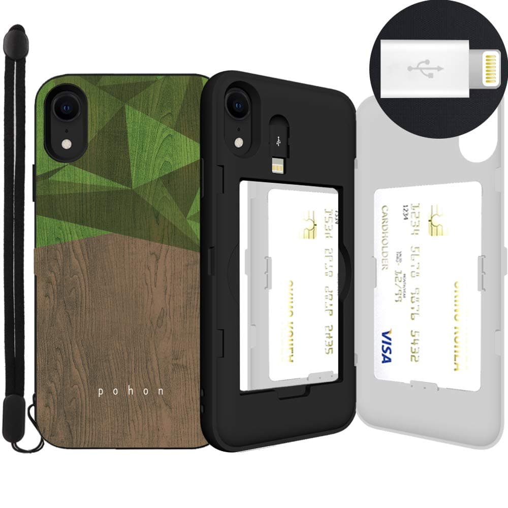 iPhone XR Case, SKINU [Xr Wallet Strap] XR Charger Dual Layer Hidden Credit Holder Card Case with Wrist Strap Inner USB to 8 Pin Adapter and Mirror for iPhone XR (2018) - Wood