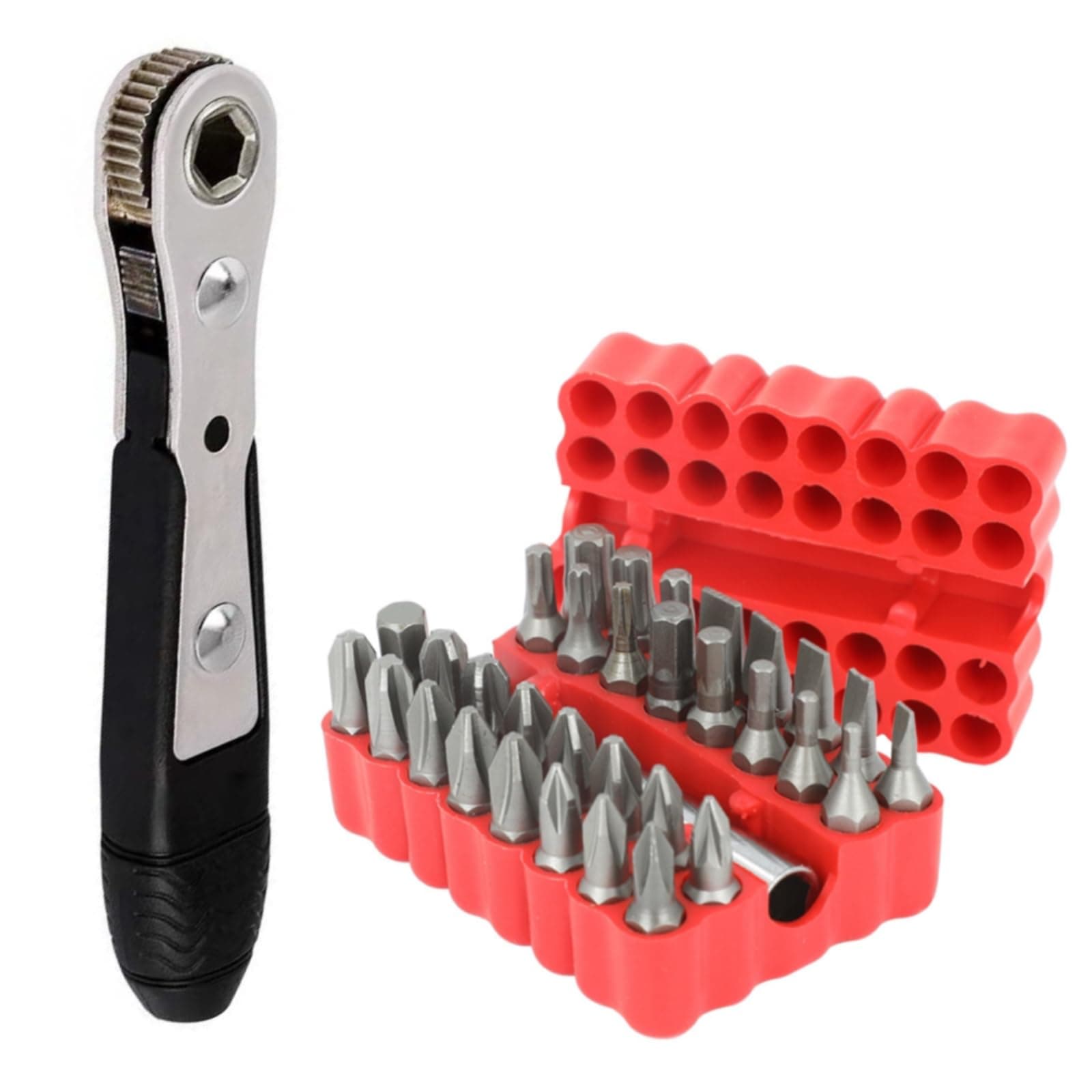 34-Pcs Ratchet Wrench Screwdriver Bit Set—1/4"(6.35mm)Hex Socket Double-Head Bidirectional Control—Mini Magnetic Ratchet Screw Driver Set with High Torque for Gadgets/Machines (Pocket Size)