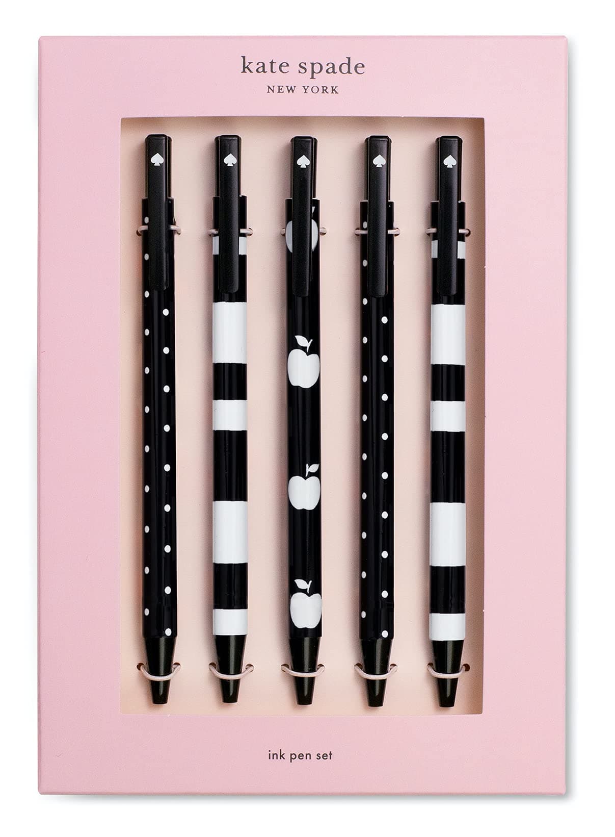 Black Ink Pen Set of 5, Cute Click Pens, Plastic Retractable Pens for Writing and Journaling, Dots and Stripes
