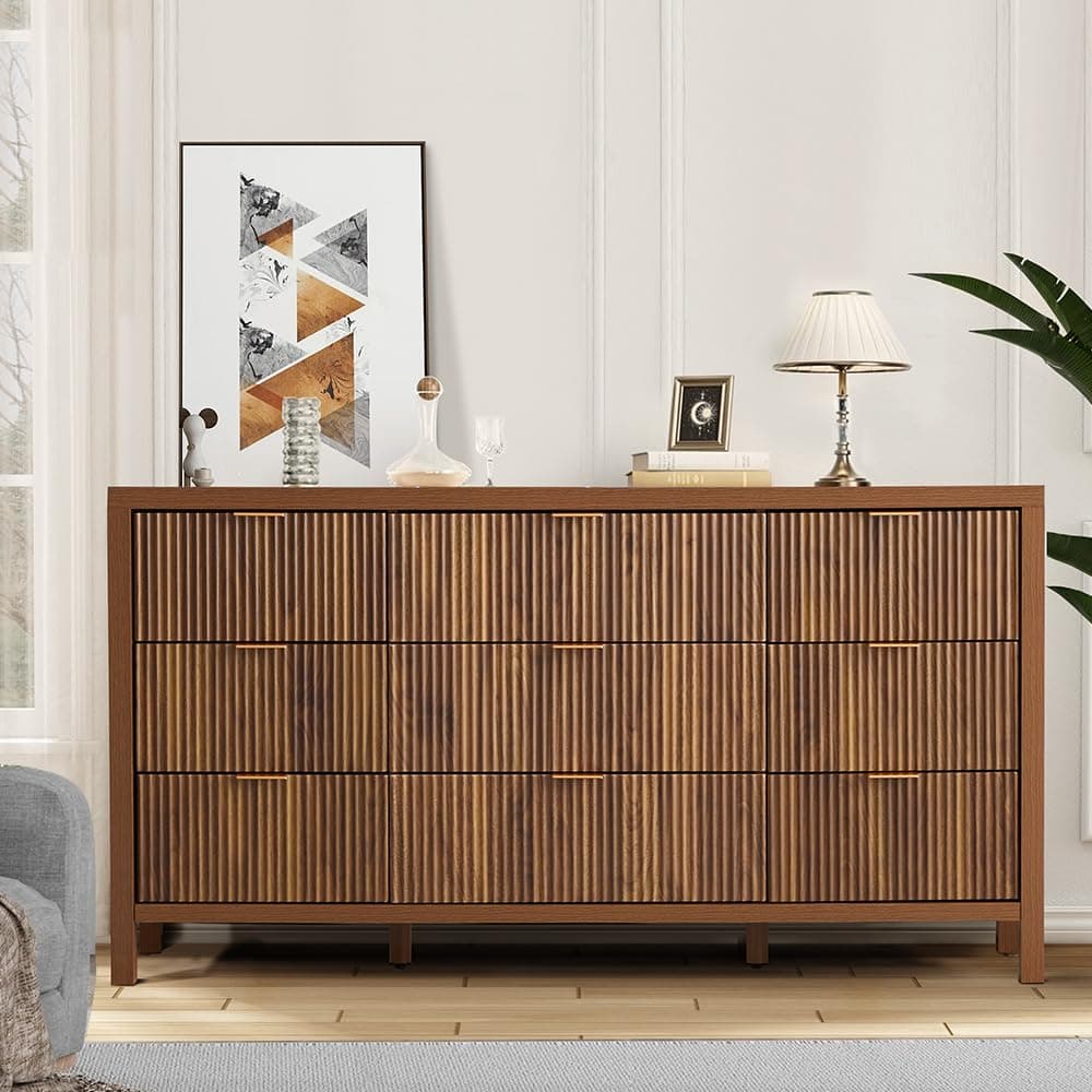 Mid Century Modern Dresser TV Stand, 9 Drawer Dresser for Bedroom Wood, Farmhouse Boho Storage Cabinet Side Table with Solid Natural Wood Legs, Long Wooden Nightstand for Closet (Walnut)