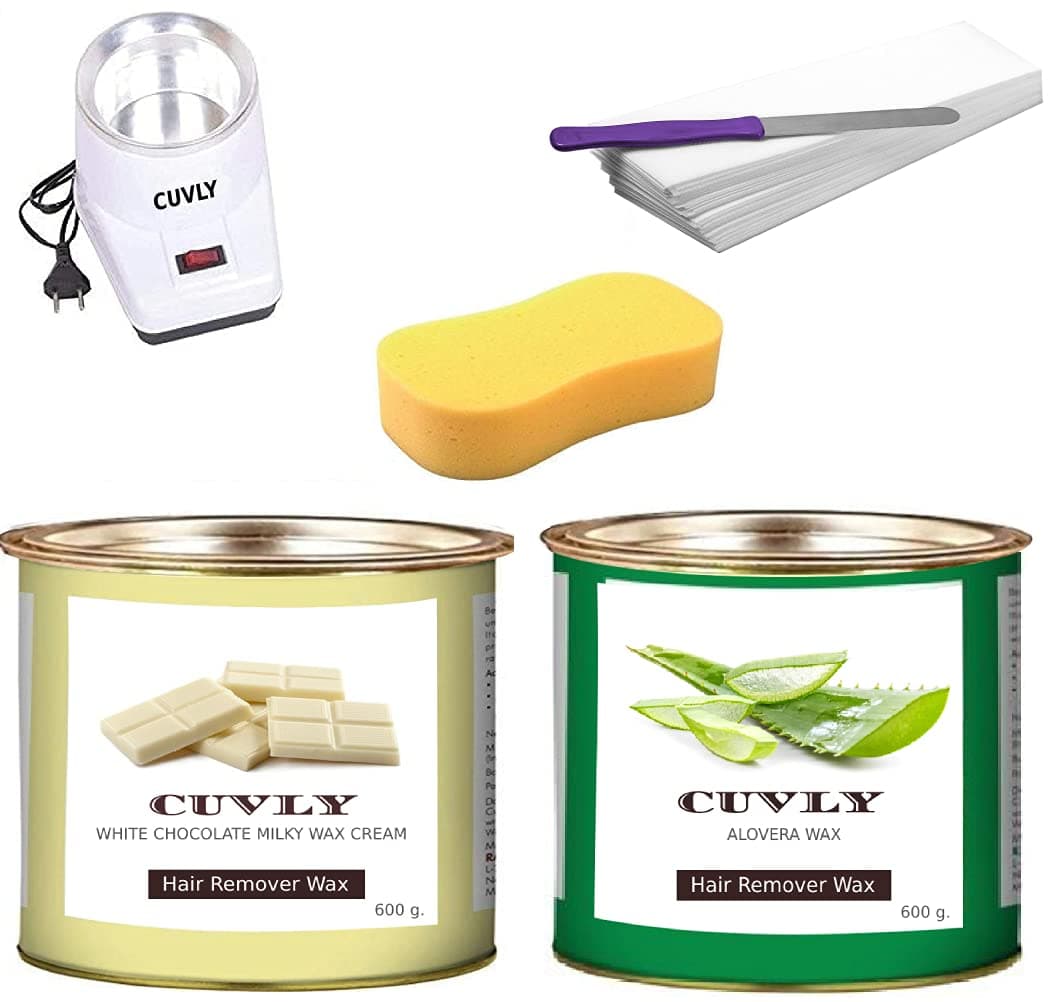 CUVLY Waxing Kit Combo Machine - Heater, White Chocolate & Aloe Vera Wax (600 Gm Each), 70 Strips, Spatula, Sponge - For Women