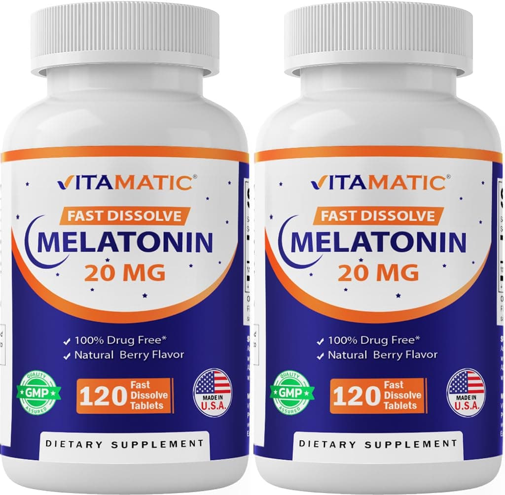Vitamatic Melatonin 20mg for Sleep Support | Vegetarian, Non-GMO, Gluten Free | HIGH Potency 20 MG | Natural Berry Flavor 120 Fast Dissolve Tablets - 2 Pack - 240 Count