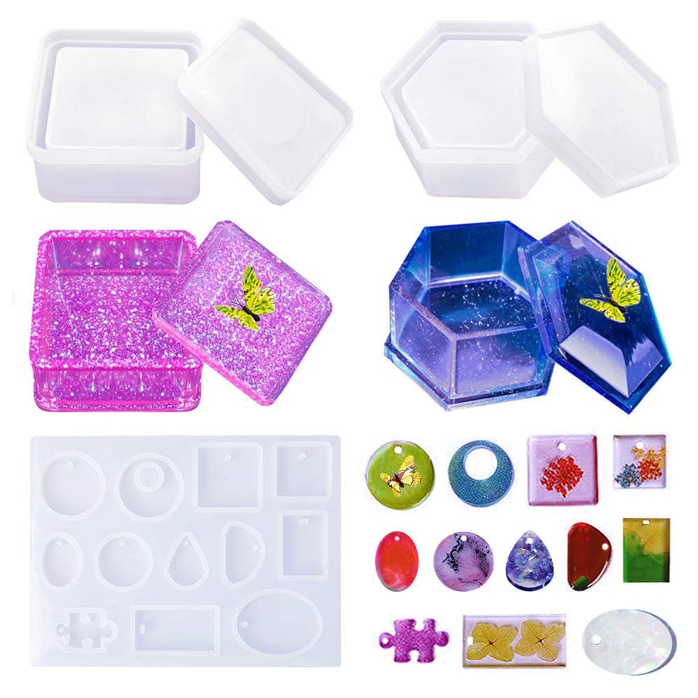 Silicone Resin Molds, Jewelry Box Epoxy Resin Casting Molds with Hexagon and Square Shape, Jewelry Pendant Casting Molds UV Resin with Hanging Hole Making DIY Art Craft Gift Tools Set for Beginners