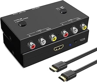 Azduou 2 AV to HDMI, 1080P/720P TV 2 Way RCA Composite CVBS AV Switch to HDMI Video Audio Converter Adapter Support 4:3/16:9 switching, for Sega Xbox PS2 PS3 N64 NGC SNES WII VHS VCR Camera DVD