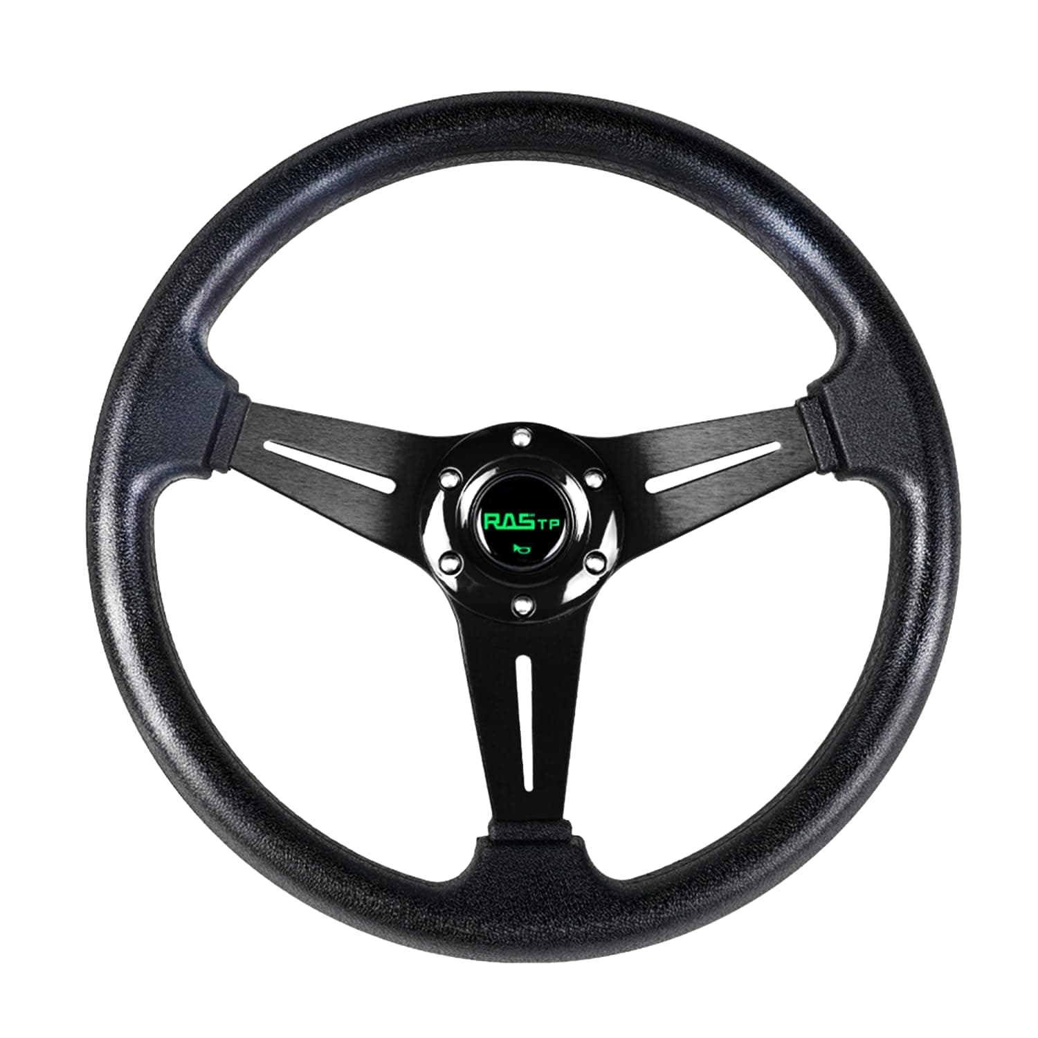 RASTP Universal Racing Steering Wheel 13.8”/350mm 6 Bolts Grip Vinyl Leather & Aluminum with Horn Button for Car -Black