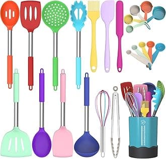 Silicone Cooking Utensil Set, Fungun Non-stick Kitchen Utensil 24 Pcs Cooking Utensils Set, Heat Resistant Cookware, Silicone Kitchen Tools Gift with Stainless Steel Handle (Colorful-24pcs)