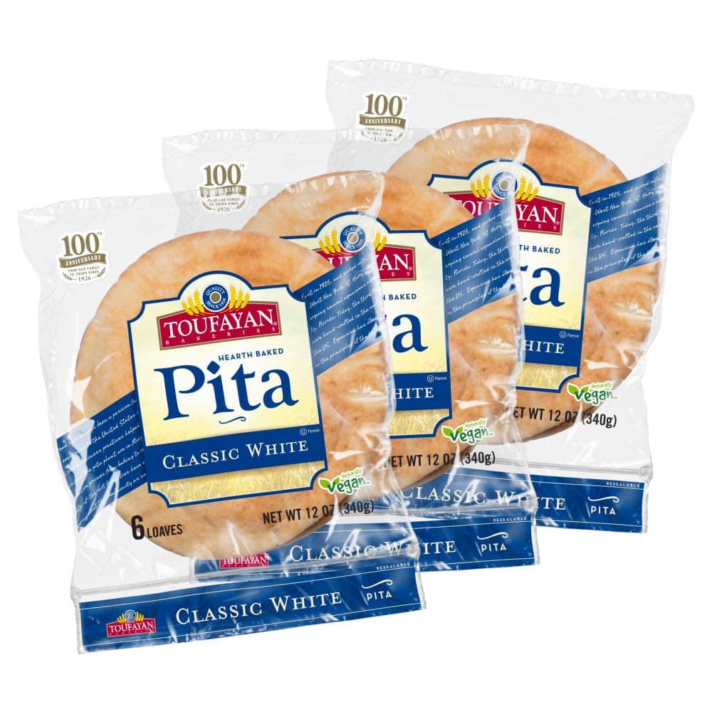 Toufayan Classic White Pita Bread – Soft Hearth-Baked Pocket Pita | Freeze on Arrival | 3 Pack (18 Pitas Total)