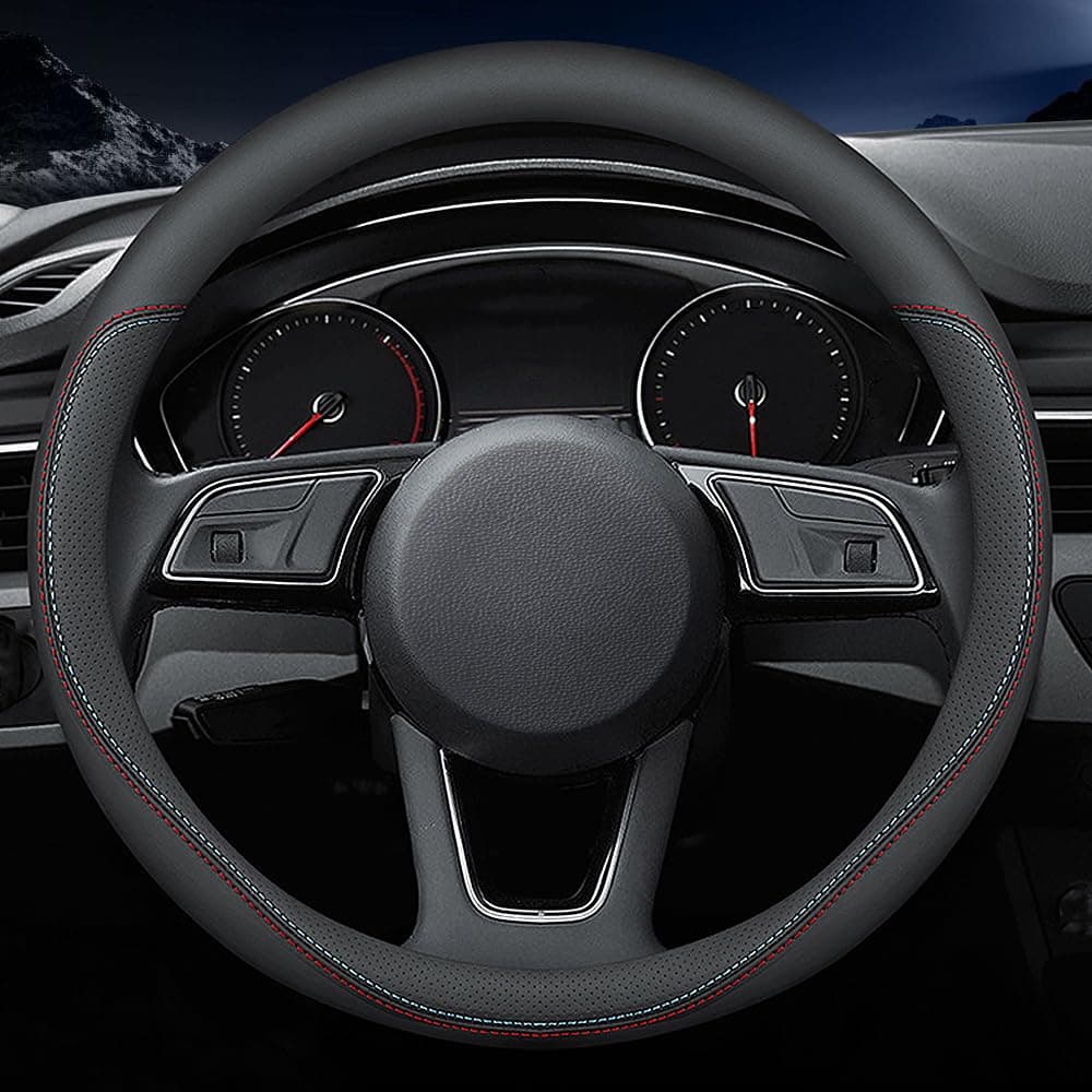 Carodi Latest Nappa Leather car Steering Wheel Cover, Stylish Non-Slip Leather car Interior 15 inches Universal（Black）