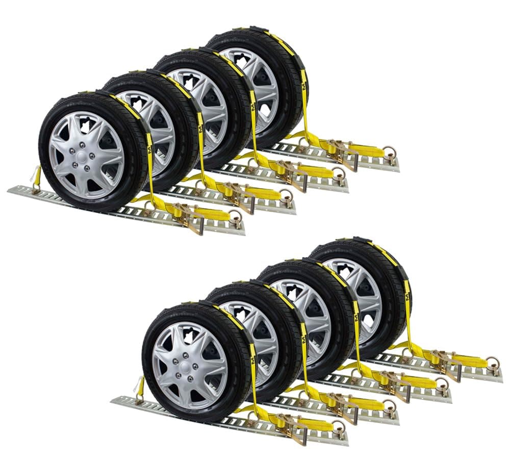 (8 Pack) 2" x 10' E Track Tire Straps - Over The Tire Car Hauler Ratchet Wheel Straps with E-Track Fittings - Car Trailer Tie Down Vehicle Auto Tie Down
