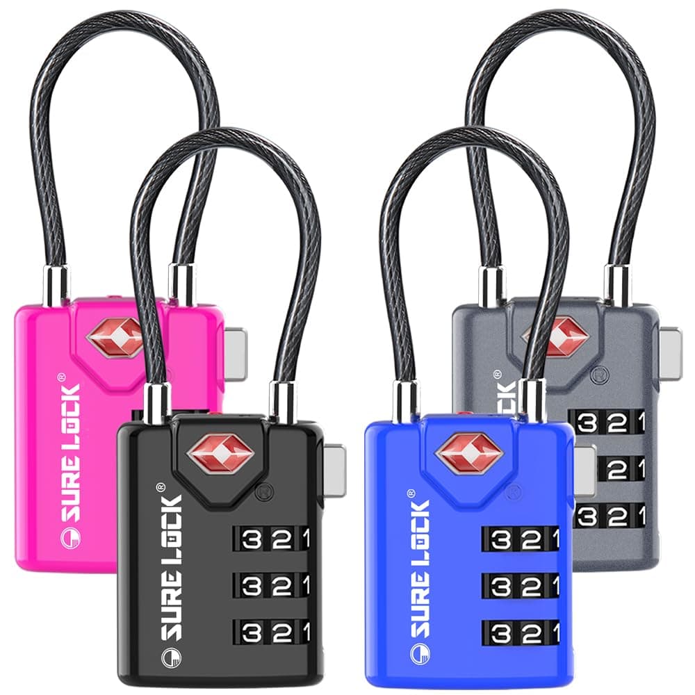 SURE LOCK TSA Approved Combination Luggage Locks with Open Alert Indicator – Durable Zinc Alloy Cable Travel Locks with Large Easy-Read Dials for Suitcases, Backpacks & Gym Bags（ Four Colour）