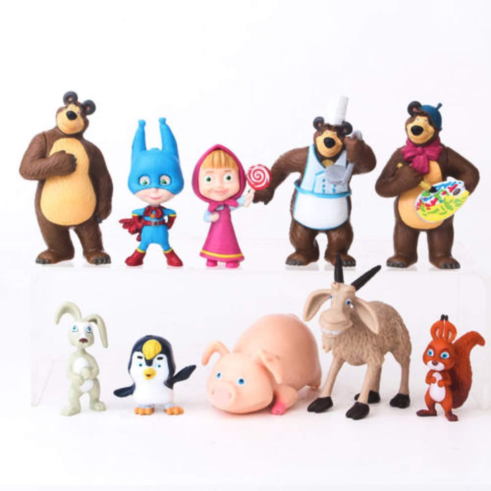 Masha and The Bear Playset 10 Pcs Figures Doll Toys Party Favor Cupcake Topper + Bonus Assorted Stickers
