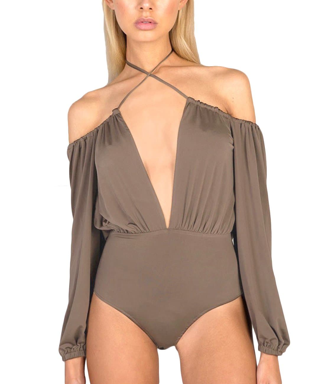 Ageena Womens Sexy Off The Shoulder Bodysuit String Halter Neck Leotards Rompers