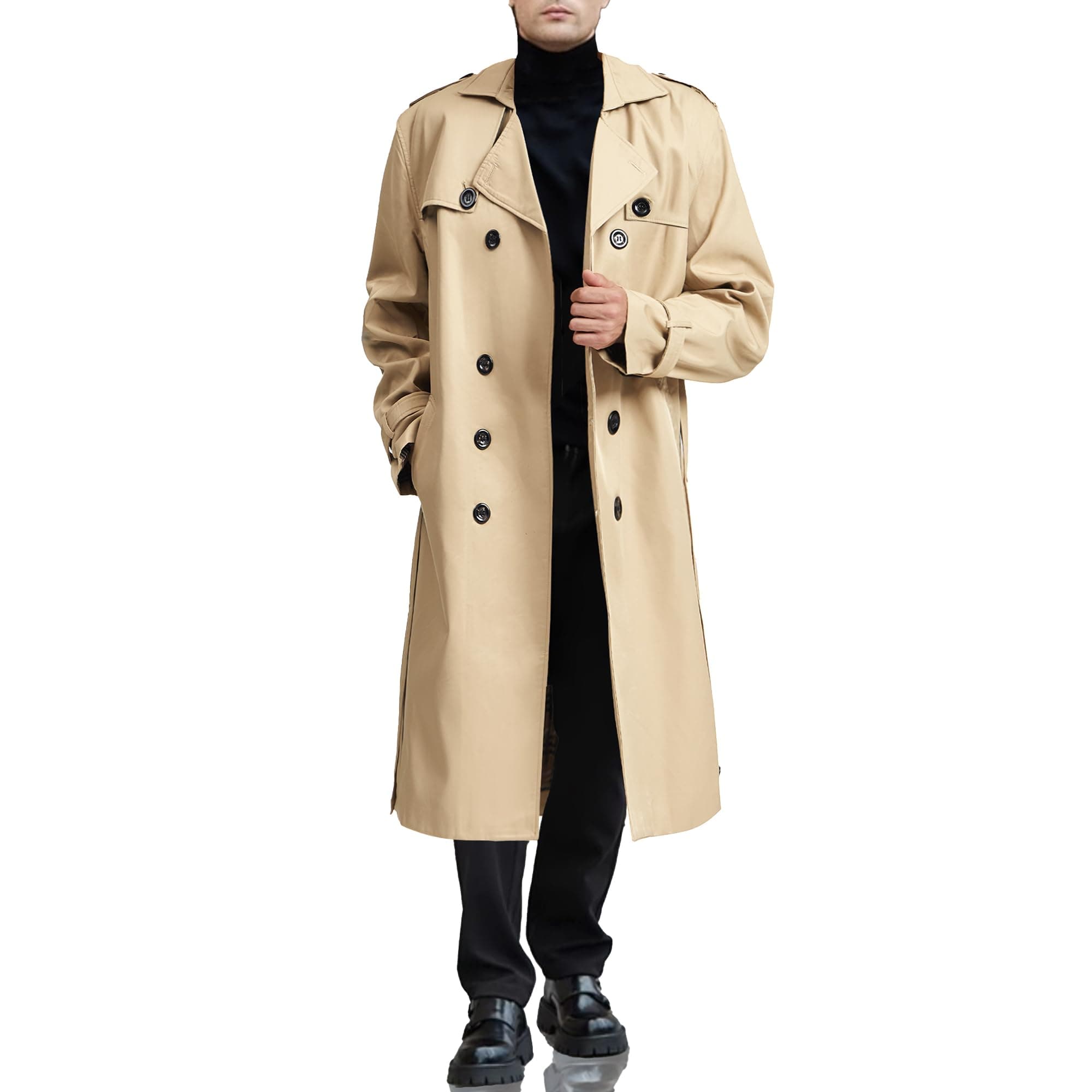 Botten Men's Double-Breasted Trench Coat - Long Jacket Overcoat-Oversized Casual Windbreaker with Lapel-BLACK