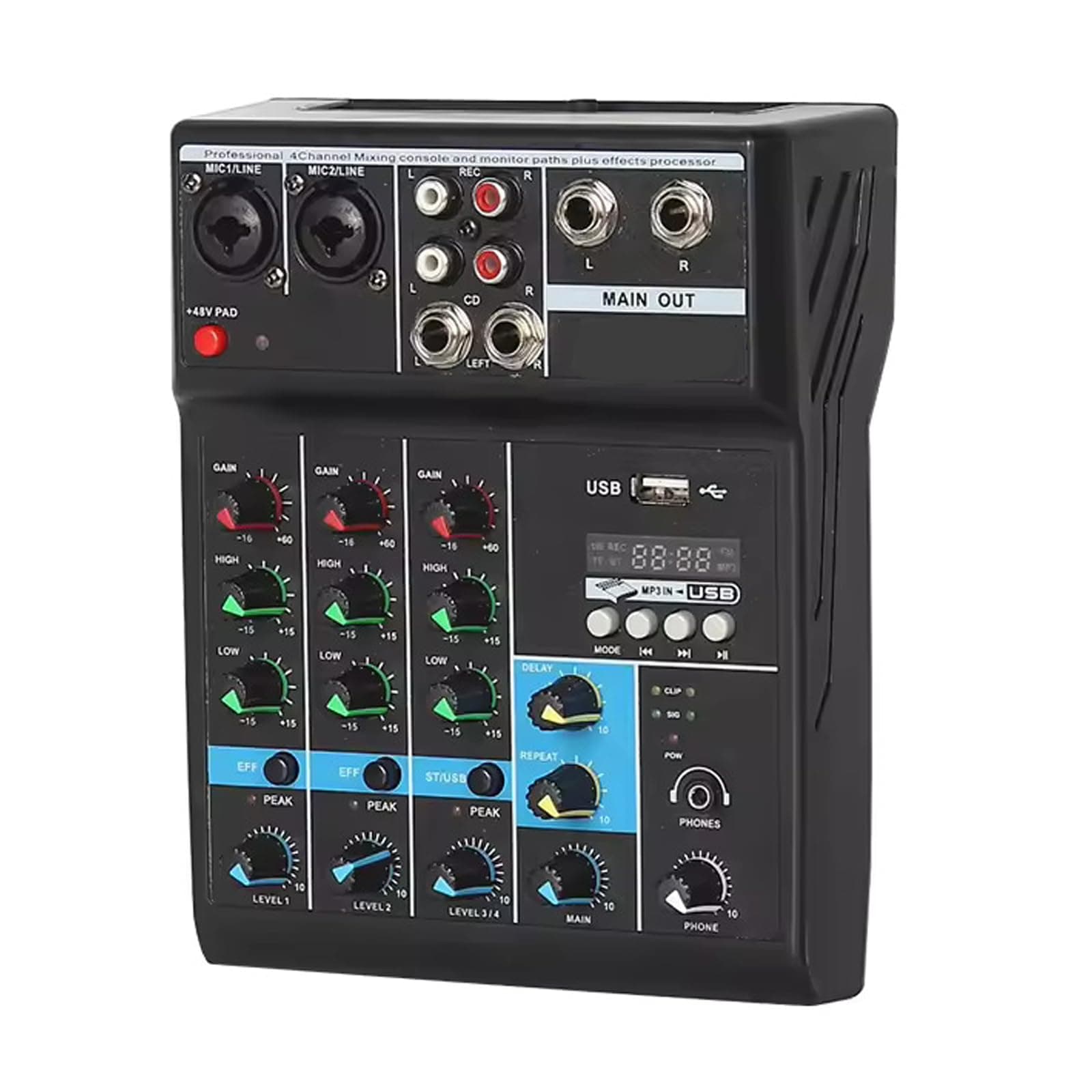 TEYUNAudio Mixer,Mini audio DJ mixer,Interface 4 Channel Digital USB Bluetooth MP3 Computer Input 48V Phantom Power Stereo DJ Studio Streaming FX 16-Bit DSP Processor