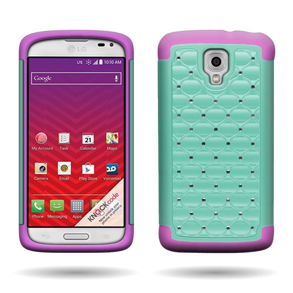 LG Volt LS740 Diamond Studded Hybrid Phone Case for LG Volt - [Teal/Hot Pink]