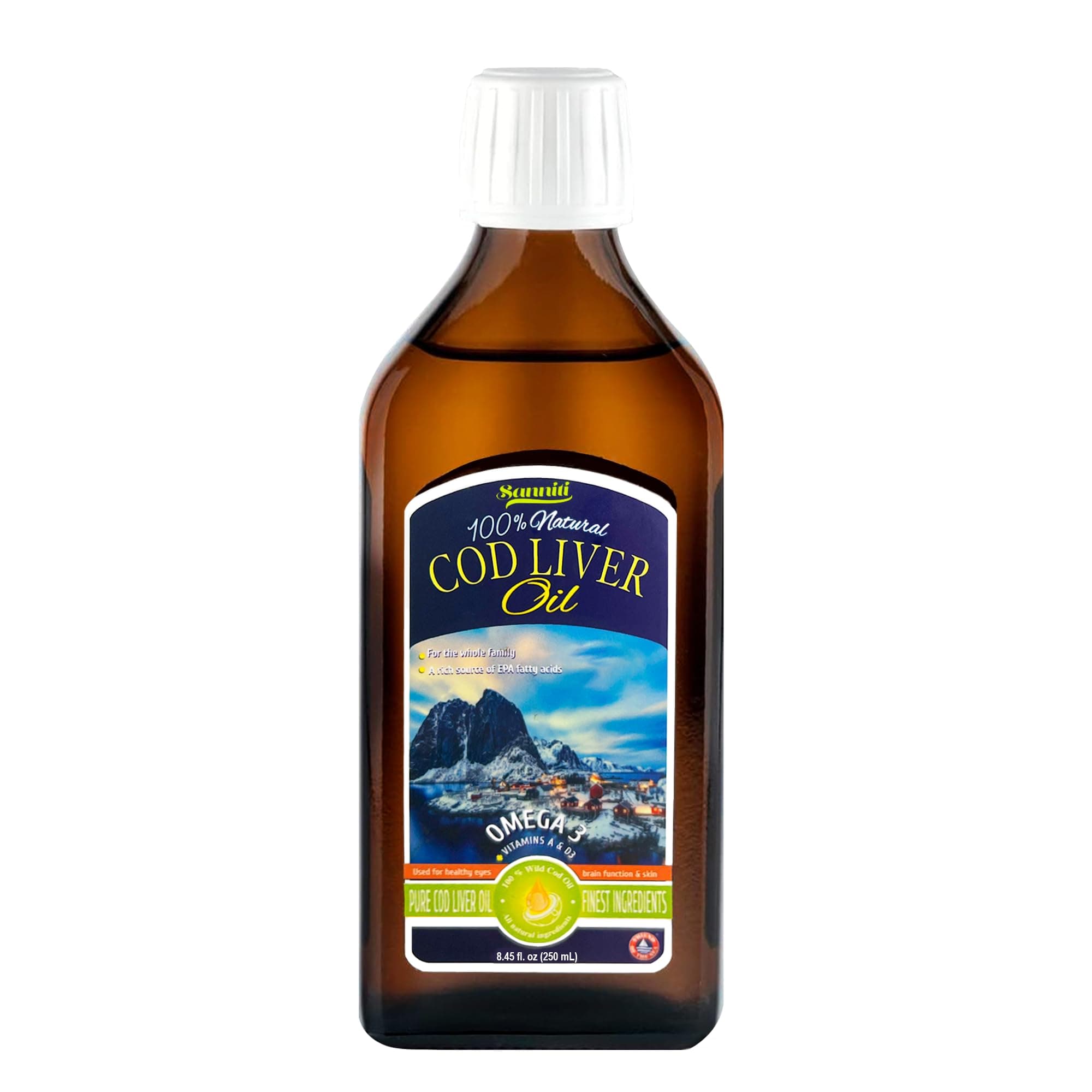 Sanniti 100% Natural Cod Liver Oil, 1081 mg Total Omega-3 Fatty Acids, Wild Caught Nordic, 250 mL (8.4 oz) (Unflavored)