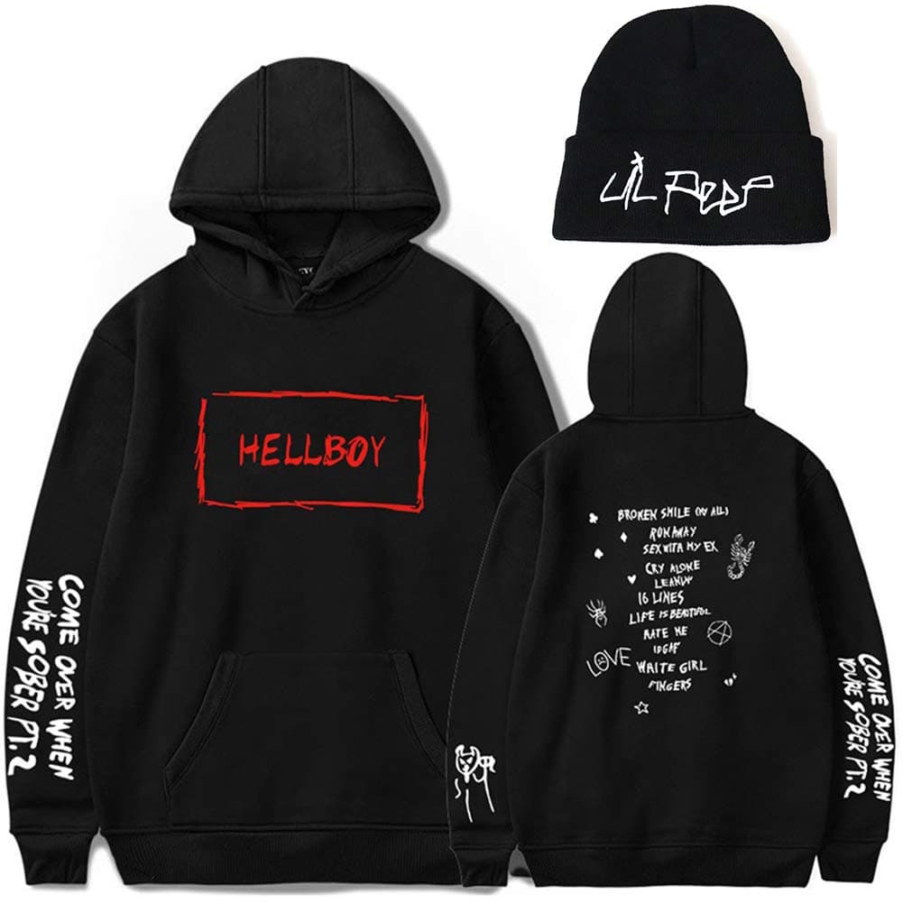 Teblacker Unisex Lil Peep Double Sided Hoodie With Beanie Knit Hat 2 Piece Set Stretchy Cap Sweatshirt( Hoodie-L+Hat Black+Black)
