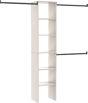 ClosetMaid SuiteSymphony Wood Closet Organizer Kit with Tower, (3) Hang Rods, (5) Shelves (2-Adjustable), Fits Spaces 4-9 ft. Wide, White Timber