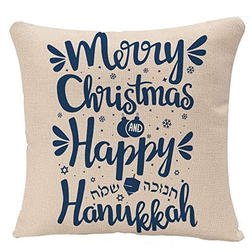 Throw Pillow Covers Festival Hand Written Lettering with Text Happy Hanukkah and Merry Christmas Hanuka Pillow Case 18x18 Inch Square Cushion Cover Pillowcase