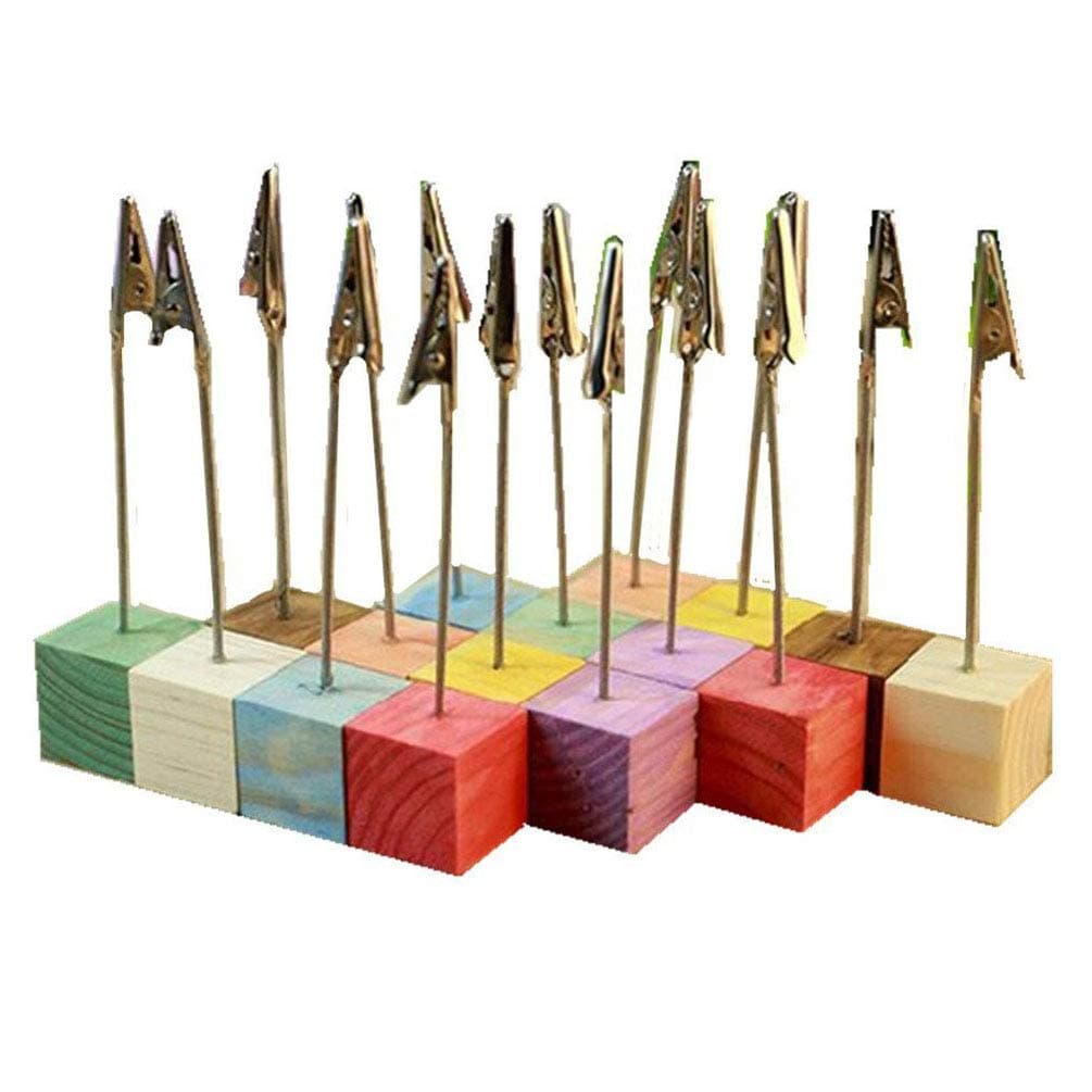 Wolintek 16pcs Table Number Holder Name Place Card Holder Memo Clip Holder Stand Note Holder Pictures for Office Memo,Weeding Table Name,Show Pictures (Wooden Base)